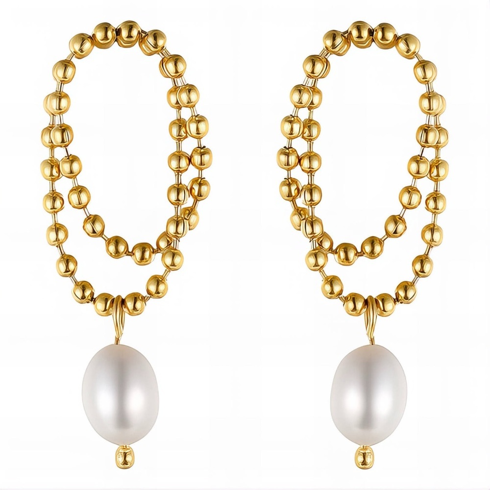 Gold and White Pearl Drop Earrings - Picture 4 of 4